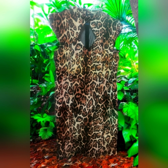 Women's Large SUZY SHIER Leopardprint W Sheer Black Chest Cut-Out Midi-Dress - Picture 2 of 3